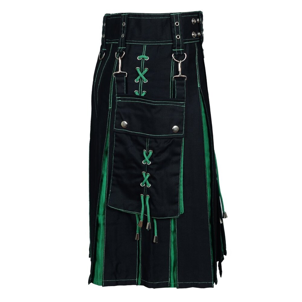 Utility Black Hybrid Kilt Green Pleats and Lacing Highlander Kilt